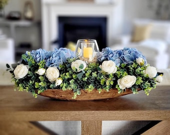 Hydrangea Floral Centerpiece Dining Table Peony Arrangement Dough Bowl Centerpiece Farmhouse Mantle Display Silk Flowers White Hydrangea
