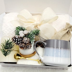 May include: A white gift box filled with a white towel, a white mug with a grey rim and a blue stripe, a small white planter with a wintery pine sprig and pine cones, a gold spoon, and a small hessian bag.