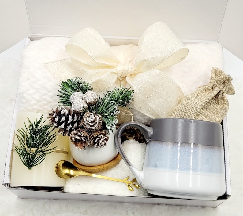 May include: A white gift box filled with a white towel, a white mug with a grey rim and a blue stripe, a small white planter with a wintery pine sprig and pine cones, a gold spoon, and a small hessian bag.
