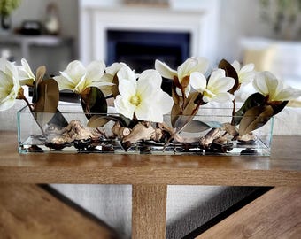 Dining Table Flower Arrangement Home Decor Luxury Flower Dining Room Centerpiece Silk Magnolia Glass Vase Artificial Botanical Display