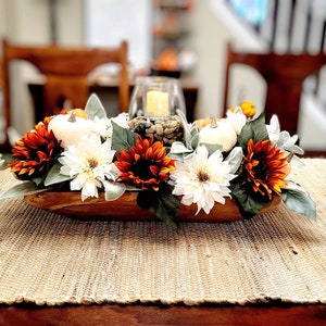 Fall Dining Room Arrangement Fall Fake Flower Sunflower Centerpiece Orange Sunflower Dough Bowl Arrangement Fall Candle Holder Centerpiece