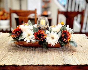 Fall Dining Room Arrangement Fall Fake Flower Sunflower Centerpiece Orange Sunflower Dough Bowl Arrangement Fall Candle Holder Centerpiece