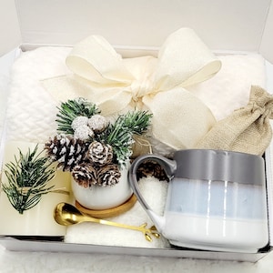 May include: A white gift box filled with a white towel, a white mug with a gray rim and a blue stripe, a small white planter with a wintery pine sprig and pine cones, a gold spoon, and a small burlap bag.