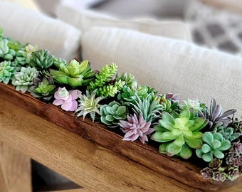 Dining Table Centerpiece Succulents Arrange Arrangement Modern Long Box Gift Client Appreciation Wood Bowl Faux Succulent Silk Plant