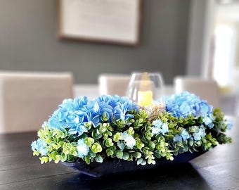 Candle Centerpiece Candle Arrangement Farmhouse Decor Blue Hydrangea Arrangement Greenery Arrangement Rustic Table Decor Dining table