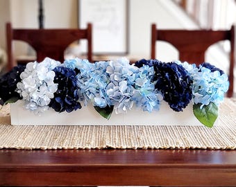 Navy Blue Flower Blue Hydrangea Arrangement French country Decor wood box Arrangement Blue Flower Centerpiece Blue white Floral Arrangement