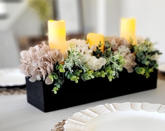 Floral Centerpiece Arrangement Dining Table Neutral Home Candle Lighting Silk Hydrangea Artificial Flower Display Vase Kitchen Island