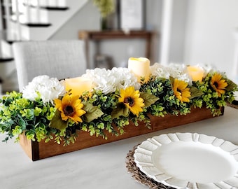 Sunflower Fall Table Arrangement Silk Centerpiece Dining Room Thanksgiving Gift Harvest Season White Hydrangea Artificial Flower Farmhouse