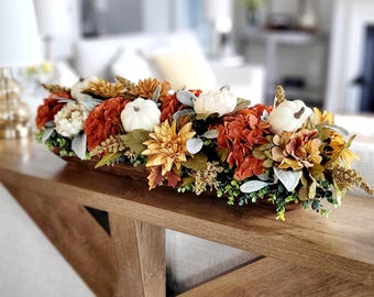 Fall Dough Bowl Arrangement Sunflower Centerpiece Thanksgiving Table Display Farmhouse Rustic Autumn Dining Room Accent Piece Harvest Wooden