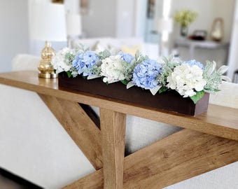 Hydrangea Centerpiece Dining Table Flower Arrangement Blue Long Wood Box Farmhouse Style Rustic Home Accent Baby Shower Gift Parents Nursery