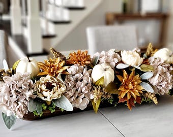 Fall Dough Bowl Centerpiece Arrangement Thanksgiving Table Dining Room Farmhouse Style Home Gift Hostess Present Autumn Sunflowers Pumpkins