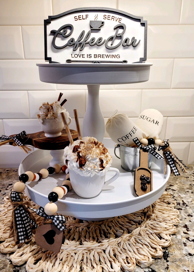 Coffee Bar Tiered Tray Decor7 Piece Coffee Tier TrayFake LatteFake Coffee BeansFake CoffeeSugar,Espresso,Farmhouse,Coffee Lover image 2