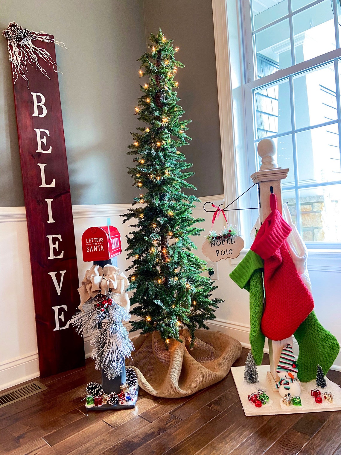 Christmas Stocking Holder Wood Post With Hooks Farmhouse Etsy