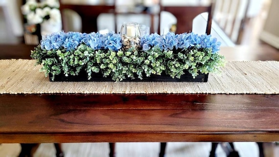 Hydrangea Long Wood Box Arrangement Blue Hydrangea Farmhouse Centerpiece Dining Table Fake Flower In Long Wood Box Hydrangea Arrangement