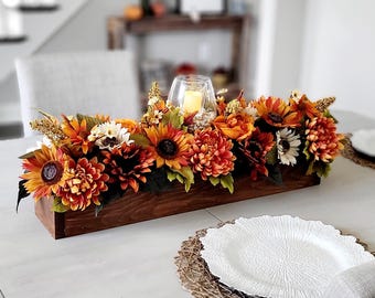 Fall Farmhouse Dining Table Arrangement Sunflower Centerpiece Rustic Wood Box Floral Display Artificial Flower Mantle Autumn Harvest Home