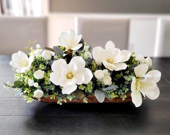 Dough Bowl Centerpiece Magnolia Arrangement dough bowl floral arrangement dining table centerpiece magnolia flower table arrangement kitchen