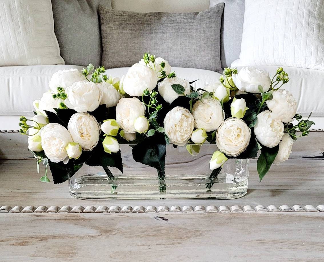 Modern Floral Arrangement Faux Peony Centerpiece Silk Flowers Glass Vase Modern Dining Table Centerpiece French Decor Bridal Decor Long Vase