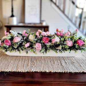 pink white decor pink wedding floral arrangement peony dough bowl dining room table arrangement Pink flower decorations spring decor mantle