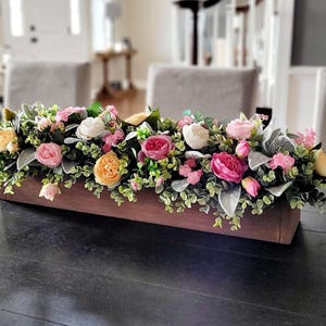 Dining Table Centerpiece box decor table arrangement farmhouse floral arrangement Spring decor kitchen decor colorful arrangement peony