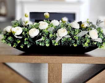 Table Centerpiece Floral Arrangement Artificial Flower Display Bowl Wooden Dough Rustic Farmhouse Decor Dining Decoration Country Style