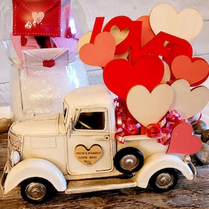 Valentine’s Day Metal White Truck DecorPersonalized Valentine’s Day Farm Truck Tiered TrayNorth PoleLove Bug Farmhouse Truck Hearts