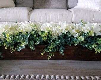 Farmhouse style long 25” Spring Hydrangea arrangement in wood planter box Hydrangea centerpiece wood box mantle centerpiece planter box