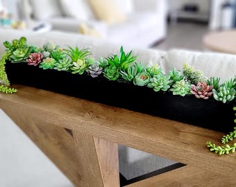 Succulent Long Box Dining Table Arrangement Faux Artificial Plant Display Rectangular Narrow Container Modern Centerpiece Mantle Decoration