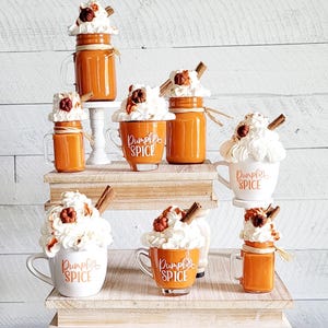 Faux Pumpkin Spice Tier Tray Decor Fall Pumpkin Coffee Mug Topper Fall Pumpkin Latte Coffee Bar Orange Pumpkin Whipped Topper Mason Jar Deco