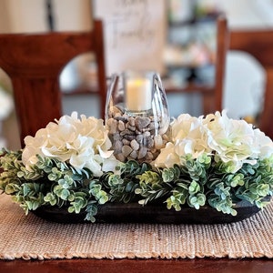 Hydrangea Arrangement Farmhouse Hydrangea Centerpiece Dining Table Candle Centerpiece Dough Bowl Rustic Floral Arrangement Faux Hydrangea