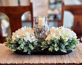 Hydrangea Arrangement Farmhouse Hydrangea Centerpiece Dining Table Candle Centerpiece Dough Bowl Rustic Floral Arrangement Faux Hydrangea