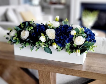 Blue Peony Hydrangea Silk Flower Arrangement: Rustic Wood Box Centerpiece
