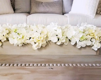 Farmhouse style long 25” Spring Hydrangea arrangement in wood box White Hydrangea centerpiece wood box mantle centerpiece planter box