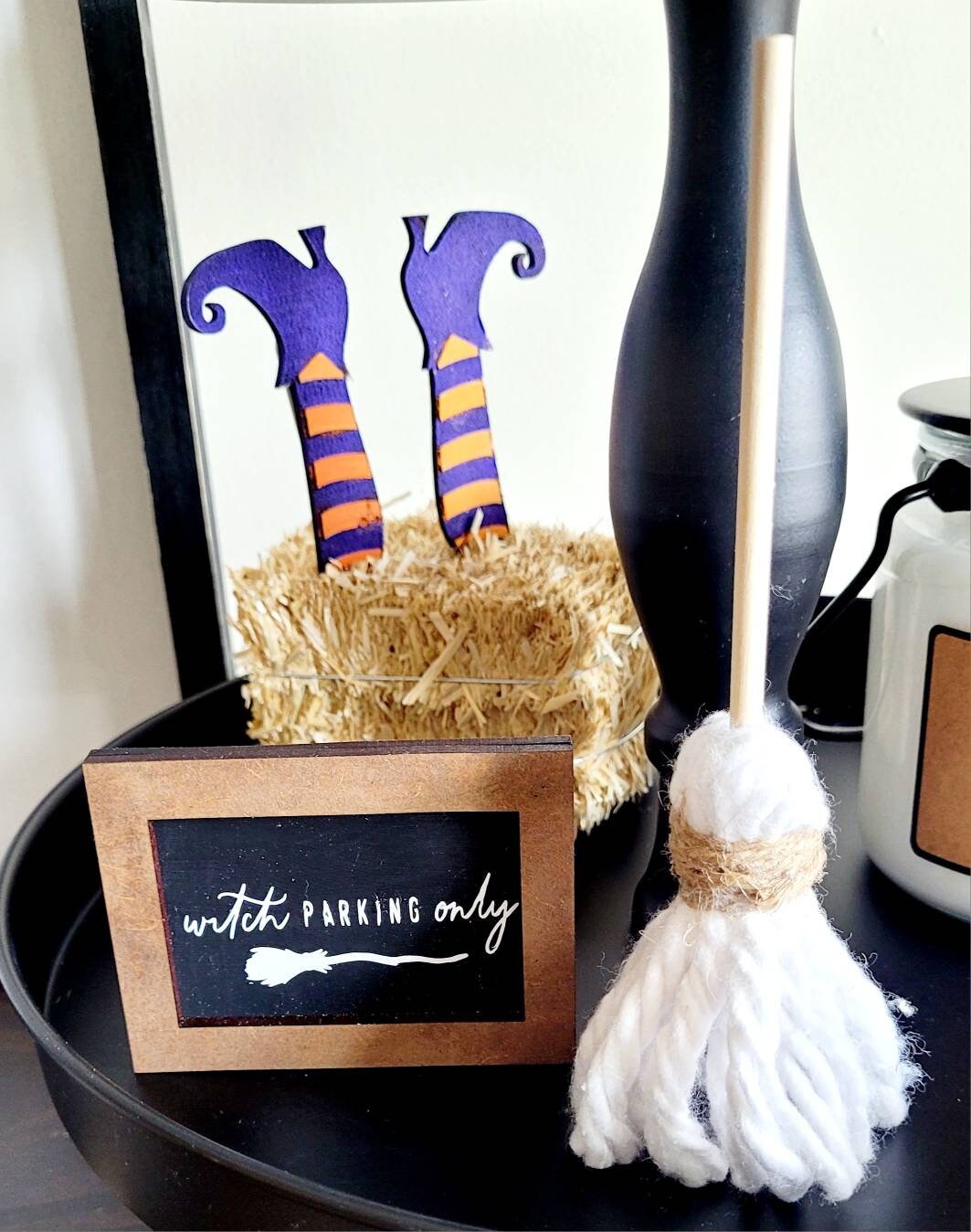 Mini Witch Broom Tiered Tray Decor Halloween Witch Broom Hocus Pocus Decor Mini Wood Sign Witch Broom Wizard Halloween decor Tiered Tray
