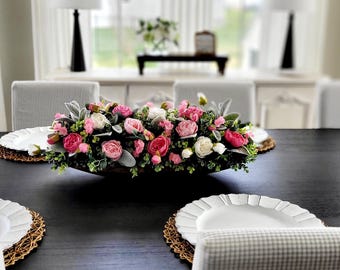Pink White Decor Pink Wedding Floral Arrangement Peony Dough Bowl Centerpiece Dining Table Spring Display Farmhouse Style Silk Flower Rustic