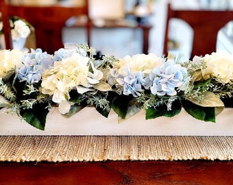 Hydrangea Centerpiece Dining Table Hydrangea Long Wood Box Mantel Centerpiece Blue Hydrangea Floral Arrangement Wood Box Hydrangea Flower