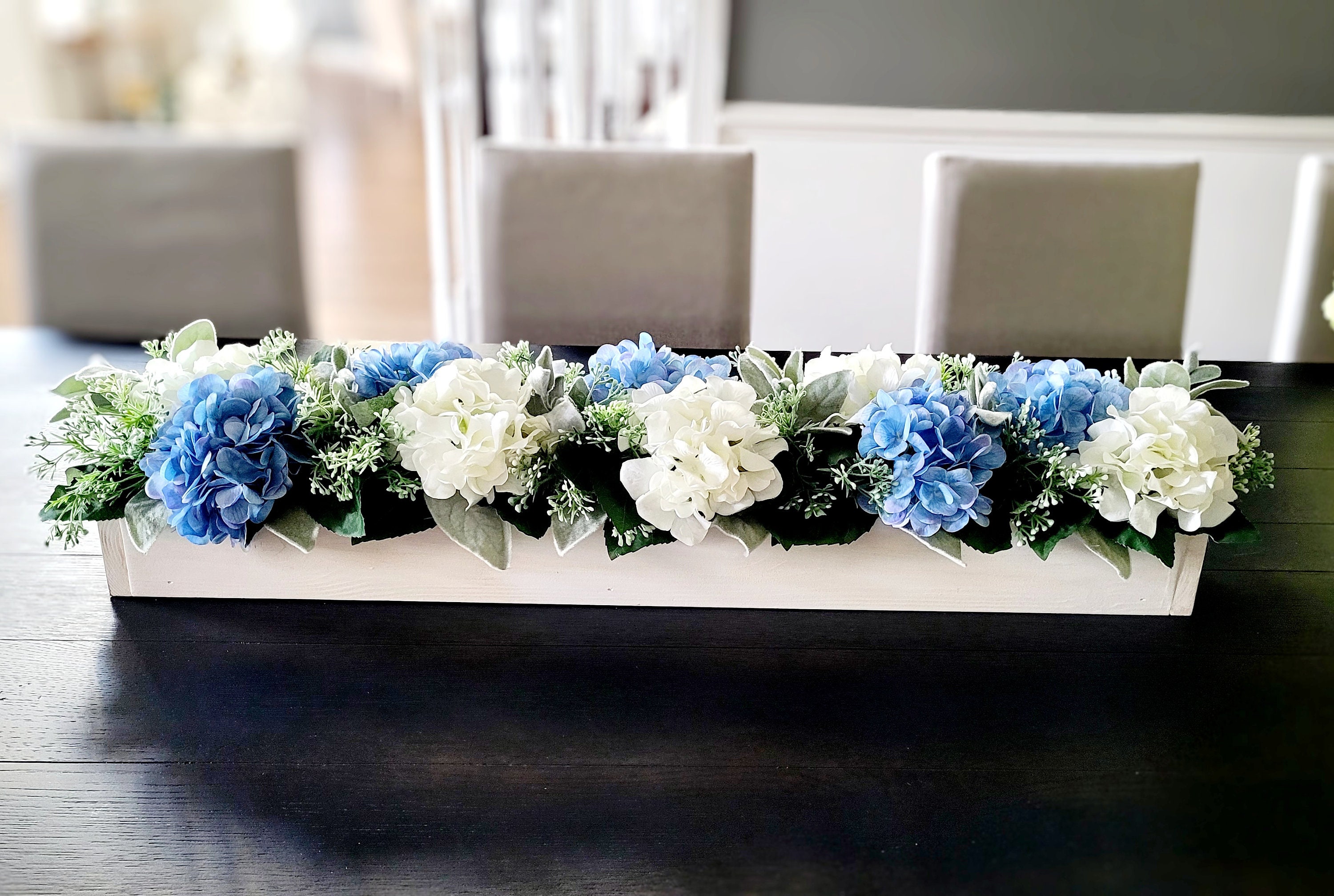 CVHOMEDECO Ortensia Blu Artificiale In Vaso Di Legno, Composizione Floreale Finta In Seta Per Decorazione Casa E Regalo