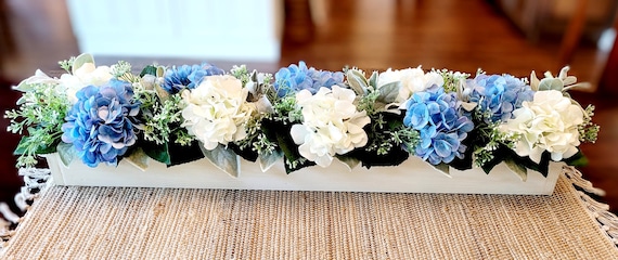 CVHOMEDECO. Blue Hydrangea with Wooden Vase Artificial Silk Hydrangeas in Black Wood Box for Home Decor. Idea for Wife, Him or Her, Valentines Day Mother's Day Birthday Love Gifts