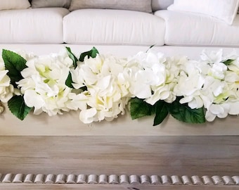 Farmhouse style long 25” Spring Hydrangea arrangement in wood planter box Hydrangea centerpiece wood box mantle centerpiece planter box