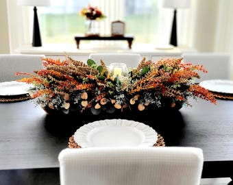 Fall Arrangement Centerpiece Dining Table Thanksgiving Decoration Autumn Home Harvest Display Wooden Bowl Dried Flower Eucalyptus Rustic