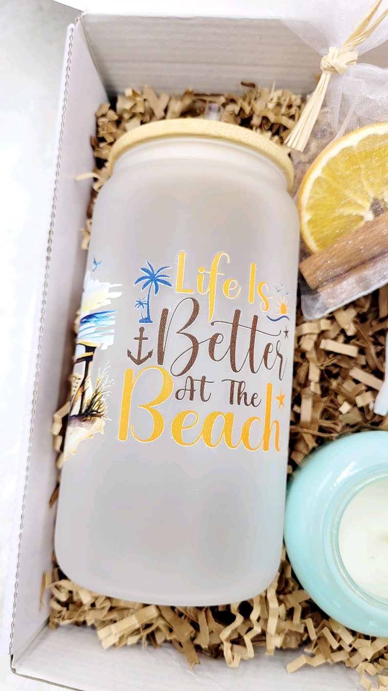 Beach Decor Summer Birthday Gift Box Women Birthday Gift Frosted Tumbler Summer Beach Candle Gift Box Friend Spa Gift Set Gift Box Mom image 8