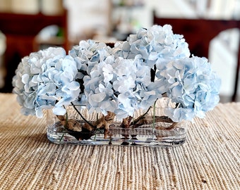 Centro de mesa de comedor con hortensias, decoración de jarrón de cristal estilo francés, arreglo floral moderno, regalo para el hogar.