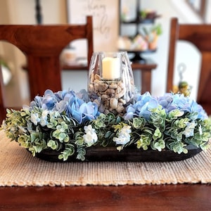 Dough Bowl Arrangement Blue Hydrangea Centerpiece Farmhouse Hydrangea Arrangement Candle Centerpiece Rustic Wood Centerpiece Hydrangea Decor