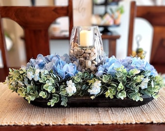 Dough Bowl Arrangement Blue Hydrangea Centerpiece Farmhouse Hydrangea Arrangement Candle Centerpiece Rustic Wood Centerpiece Hydrangea Decor