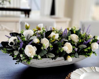 Lavender Dough Bowl Farmhouse Centerpiece Rustic Floral Display Arrangement Artificial Flower Wooden Spring Home Accent Decoration Mother