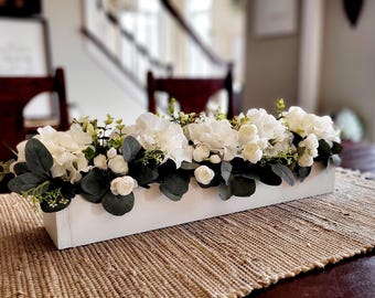 White arrangement in long wood box farmhouse decor hydrangea arrangement dining table decor new home kitchen table arrangement mantle decor