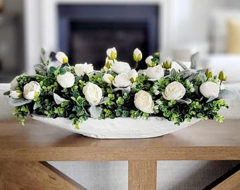Table Centerpiece Floral Arrangement Flower Silk Peony Display Farmhouse Dining Room Accent Rustic Wooden Dough Bowl Artificial Botanical