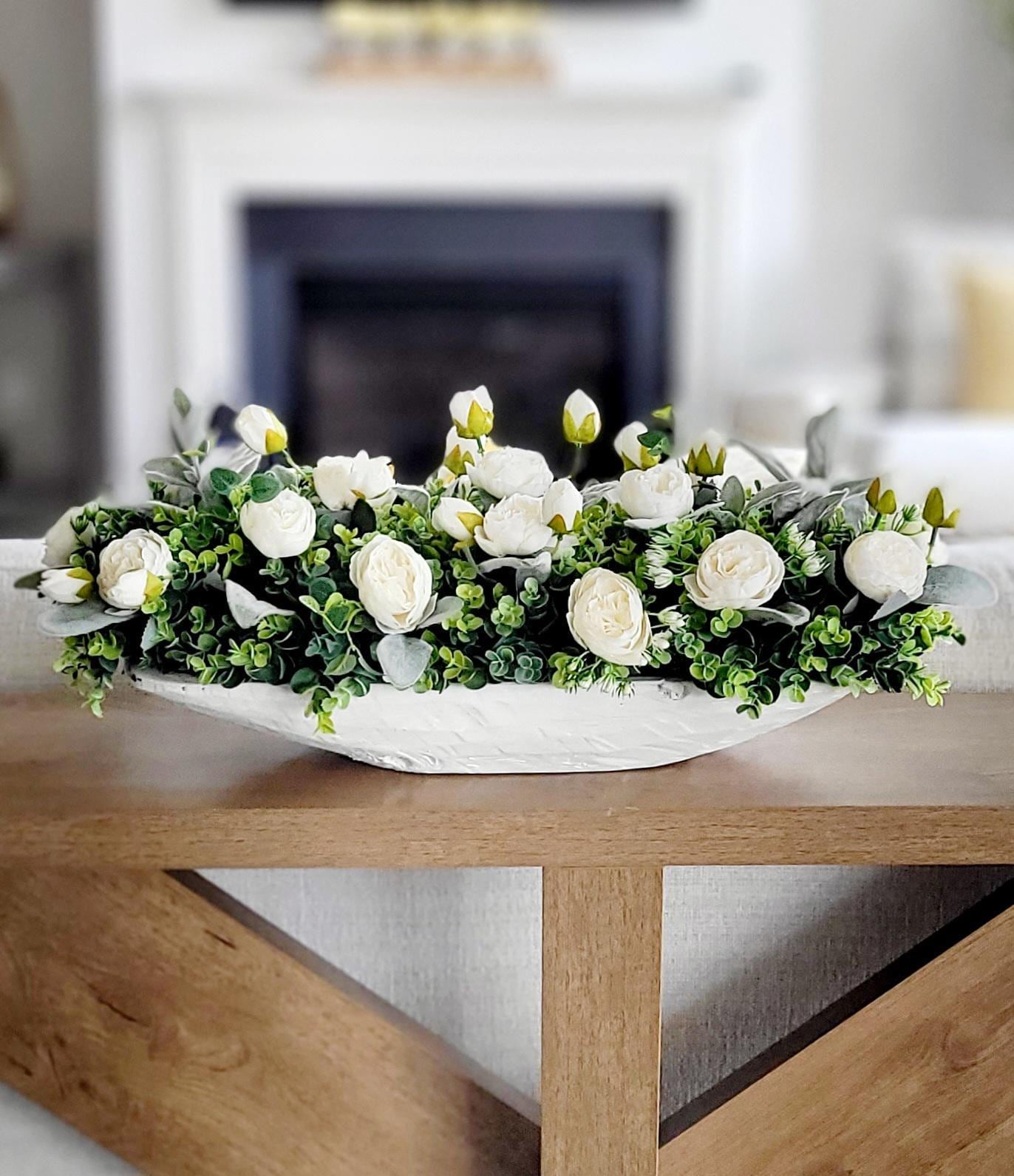 Table Centerpiece Floral Arrangement Flower Silk Peony Display Farmhouse Dining Room Accent Rustic Wooden Dough Bowl Artificial Botanical