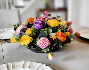 Peony Flower Arrangement, Colorful Dough Bowl Centerpiece