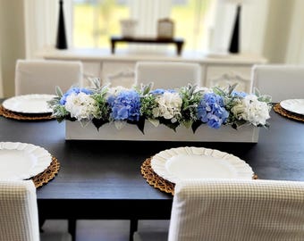 Hydrangea Centerpiece: Blue Hydrangea Floral Arrangement in White Wood Box