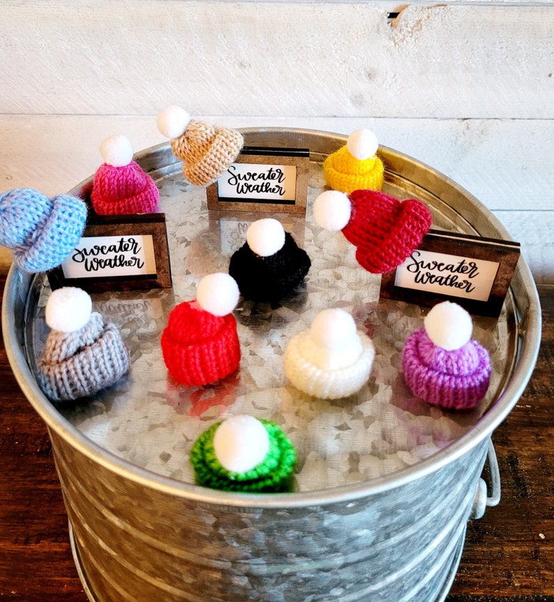 Mini suéter de otoño, letrero del clima, mini gorro, mini gorro de invierno para bandeja escalonada, sombrero con pompón, decoración de bandeja escalonada de otoño, mini letrero de madera rústico imagen 3